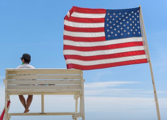 Lifeguard stand with american flag at beachfront at Pier Village Apartments, Long Branch, NJ 7740