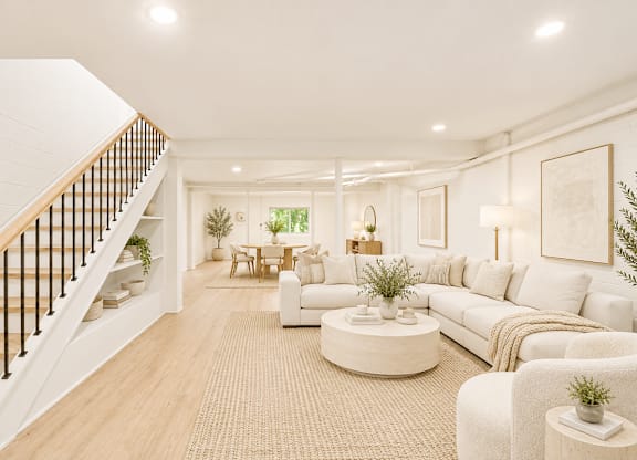 A living room with a staircase on the left side.