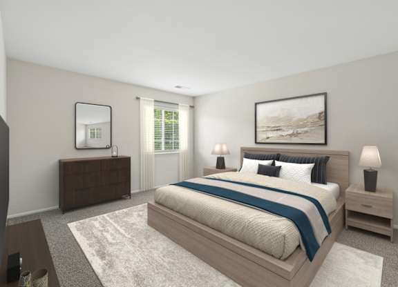 A bedroom with a large bed, a dresser, and a nightstand with a lamp.