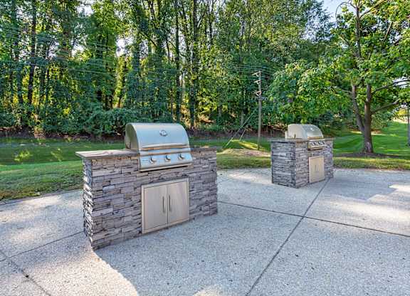 two barbecue pits in a park with trees at Copper and Quarry Village, Pikesville