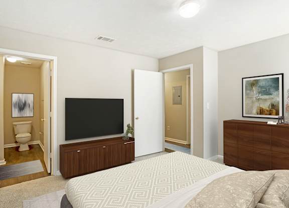 Bedroom attached with bath at Grand at Pearl Apartments, Pearl, Mississippi