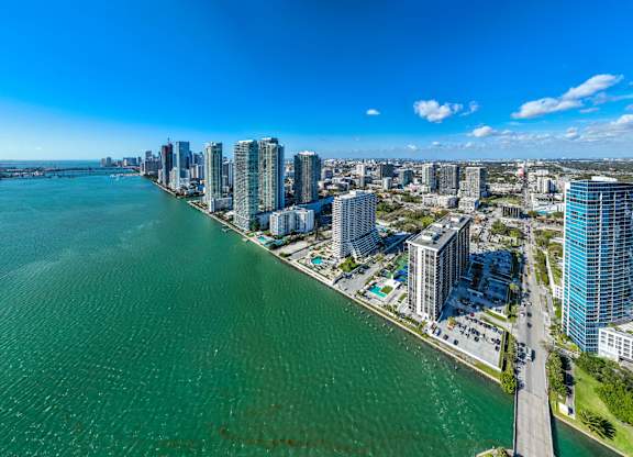 Aerial view of waterfront high rise buildings at The Hamilton Apartments, Florida, 33137
