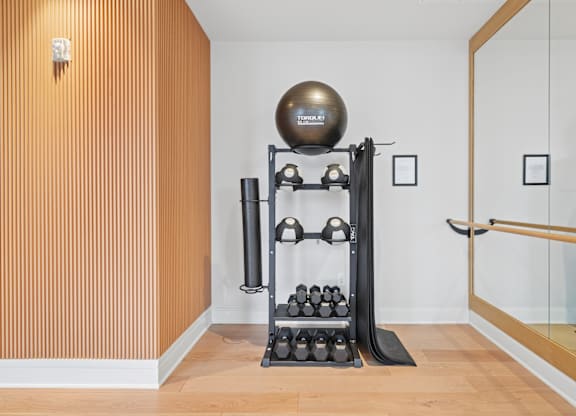 A gym with a wooden wall and a mirror.