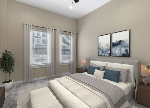 a bedroom with a bed and two windows at Villaggio Apartments, Bossier City, 71111