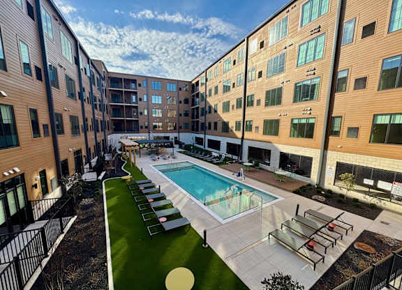 Resort style pool view at The Yard Apartments, Louisville, KY