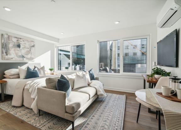 Stylish bedroom and living area at The Isaac, Pennsylvania