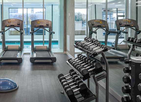 A gym with treadmills, exercise balls, and dumbbells.