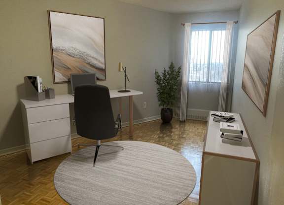 a home office with a desk and a chair