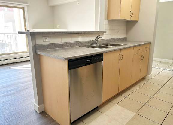 A kitchen with a sink and a window.