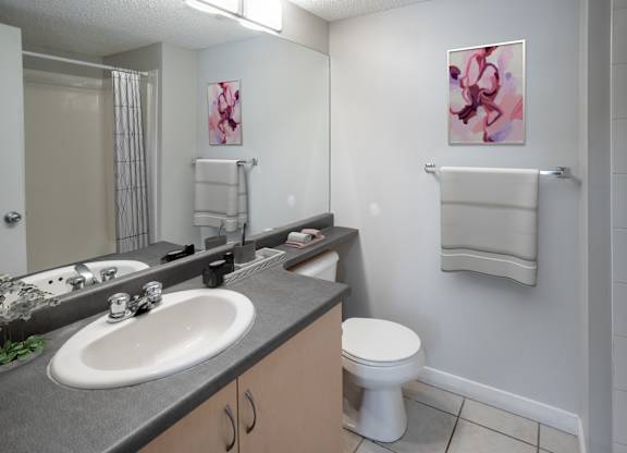 A bathroom with a toilet, sink, and shower.