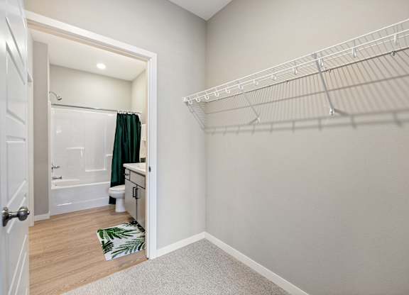 A white closet with a white shelf and a white door.