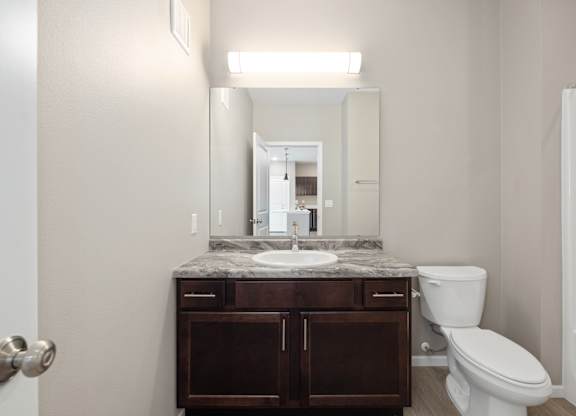 A bathroom with a sink, toilet, and mirror.