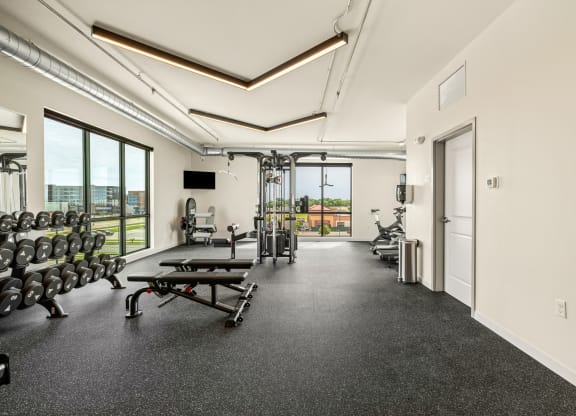 the gym at the benetts tower apartments at The Standard on 32nd, West Fargo, 58078