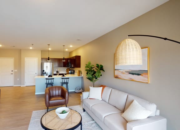 Living Area With Kitchen at The Haven on Veterans, Fargo, North Dakota