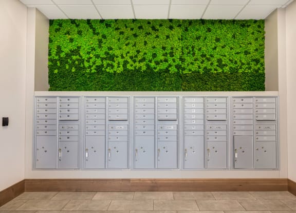 a locker room with white lockers and a green wall with plantsat Northern Lights a Lifestyle-Driven Community, West Fargo, ND