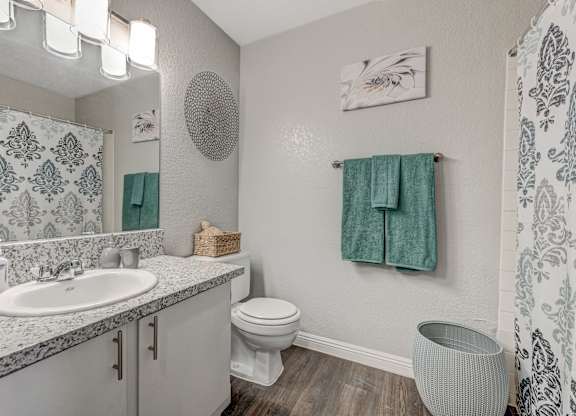 a bathroom with a toilet sink and mirror and a shower at Desert Bay Apartments, Laughlin
