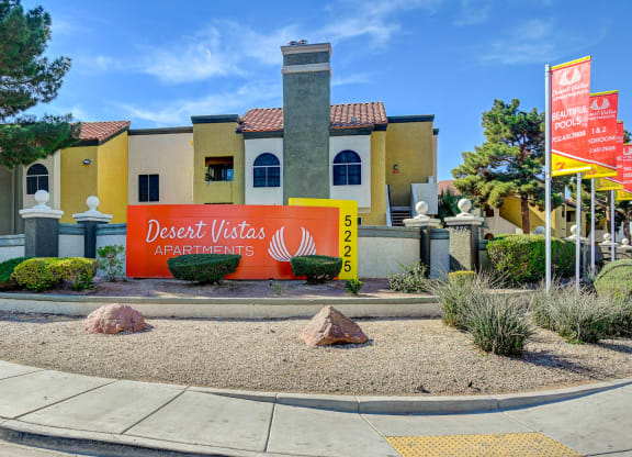 the front of a building with a sign at Desert Vistas Apartments, Las Vegas, Nevada, 89142