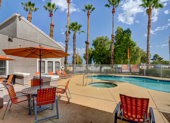 Swimming pool with palm trees at Citrus Apartments, Las Vegas, Nevada, 89101