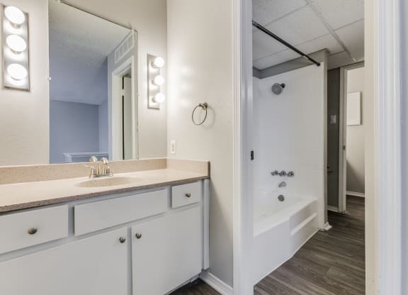 a bathroom with a sink and a shower and a mirror at Falls on Clearwood Apartments, Richardson, TX, Texas