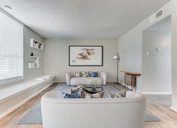 the living room of an apartment with a couch and a coffee table at Falls on Clearwood Apartments, Richardson, TX, Texas
