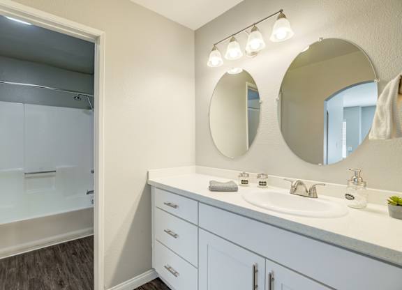 a bathroom with a mirror and a sink and a shower