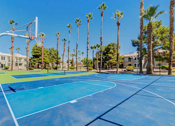 A basketball court surrounded by palm trees under a clear blue sky.