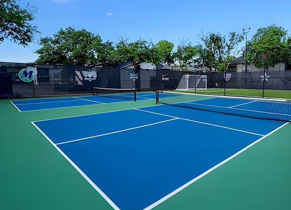 A pickleball court with a net and no players.