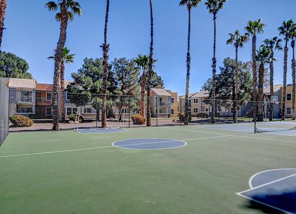 A basketball court surrounded by palm trees and houses.