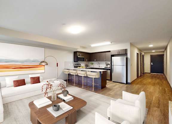 A modern living room with a white sofa and a wooden coffee table.