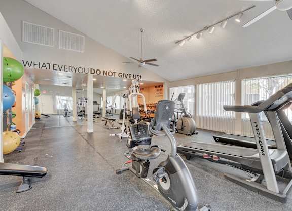A gym with a variety of equipment including treadmills and exercise balls.