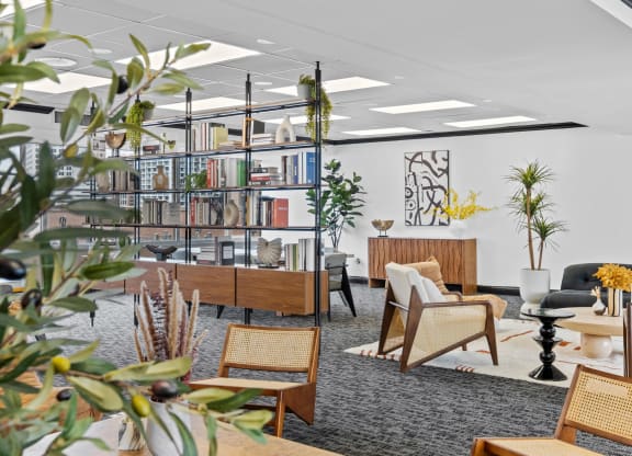 a living room filled with furniture and a book shelf at Vision on Lombard, Baltimore, MD 21201