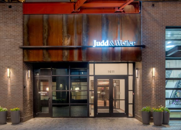 Community entrance at night