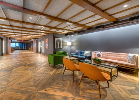 Lounge with couches, chairs, and a coffee table