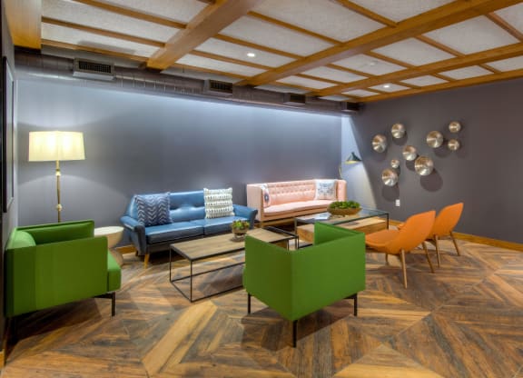 Lobby space with plush seating and art