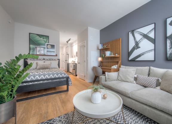 Studio living room space with couch, coffee table, bed, workspace, and kitchen