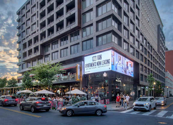 A large building with a sign that says