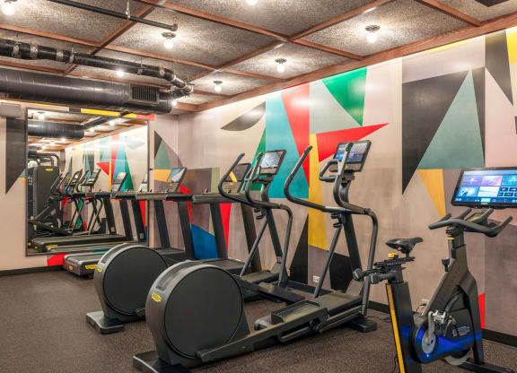 a gym with cardio equipment and a wall of colorful wallpapers