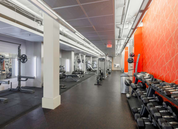 a gym with weights and a red wall and a row of pillars