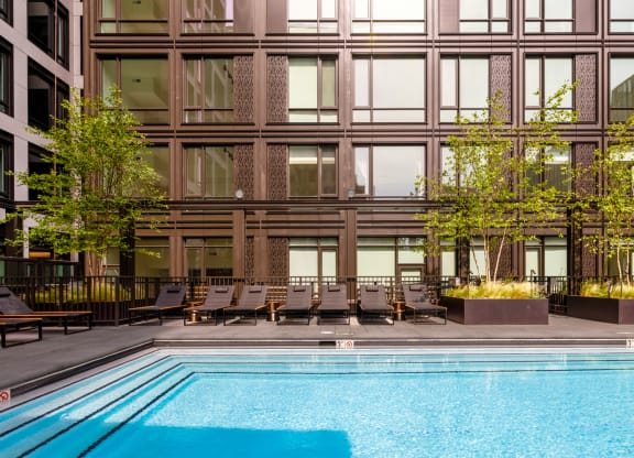 a swimming pool in front of a tall building at The Grace and Reva, Arlington