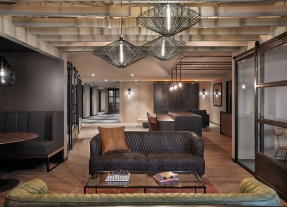 a room with a couch and a coffee table