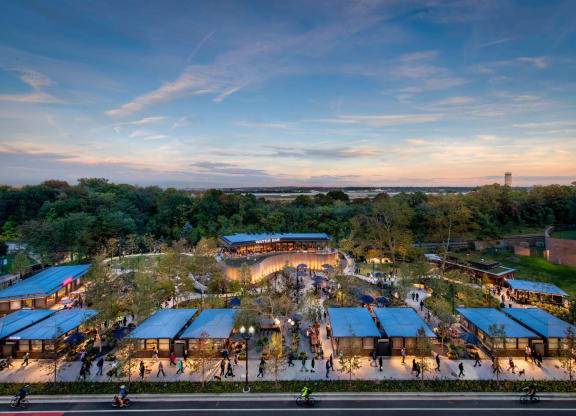 an aerial view of a restaurant with blue roofs at The Grace and Reva, Arlington, Virginia
