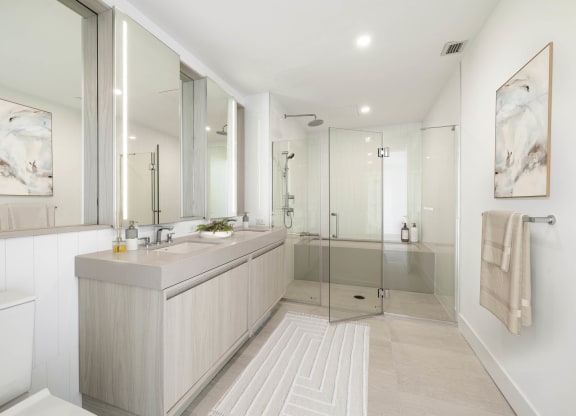 a bathroom with a large vanity and a glass shower
