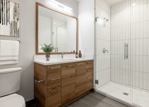 a bathroom with a sink and a shower at The Grace and Reva, Arlington, 22202