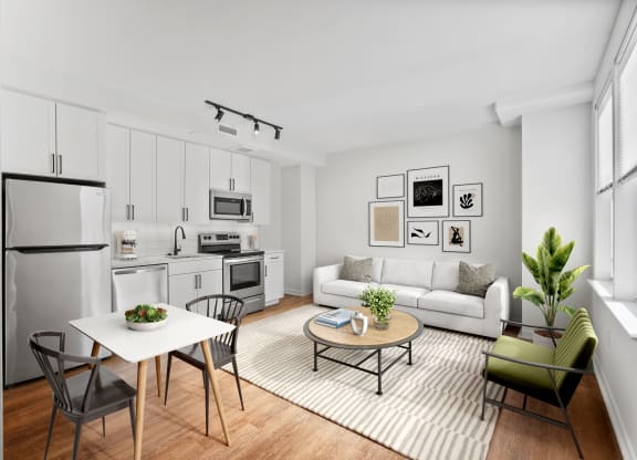 a living room with a white couch and a table
