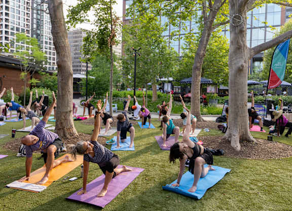 A group of people doing yoga in a park.