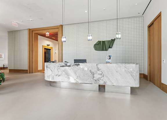 A reception area with a marble counter and a green plant.