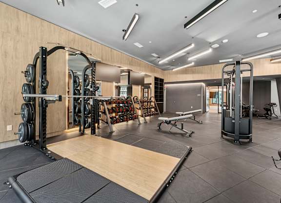 A gym with a variety of equipment including a squat rack, bench, and weights.