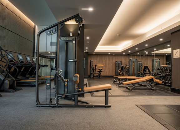 A gym with a variety of equipment including treadmills, weights, and a bench press.