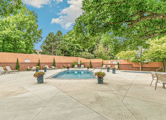 A pool surrounded by a concrete patio and trees.