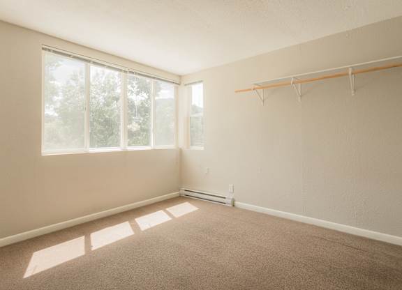 A room with a carpeted floor and a window letting in sunlight.